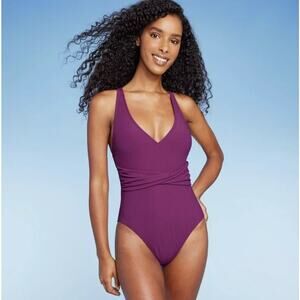 Shade & Shore Women's Ribbed Plunge Twist-Front One Piece Swimsuit Purple Small